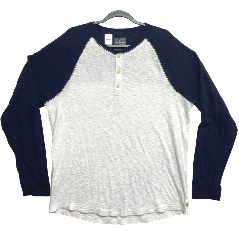 American Eagle Henley Shirt Mens XXL Navy White Long Sleeve Raglan Slub Knit